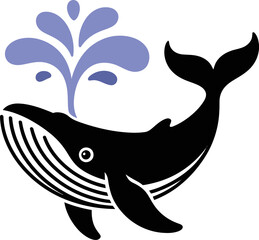 Fototapeta premium Stylized Whale Vector – Black and White Sea Icon with Water Spout and Friendly Expression