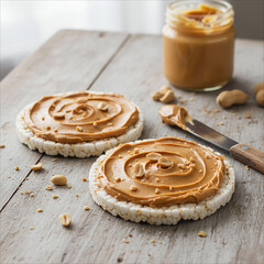 Two rice cakes spread with creamy peanut butter on a wooden table