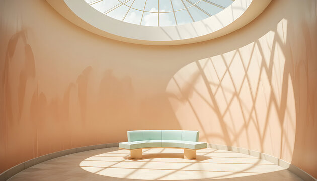 Sunlit Domed Pastel Interior Minimalist Mint Sofa and Peach Wall - Powered by Adobe
