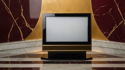 Modern retro television with black and gold frame in luxurious marble interior with red and gold accents