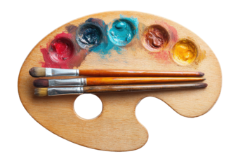 Wooden artist's palette with paint and brushes