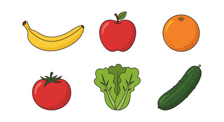 Fresh fruit and vegetable icons: banana, apple, orange, tomato, lettuce, cucumber