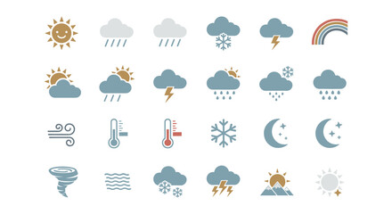 Weather icon set featuring sun, rain, snow, cloud, and rainbow in flat style