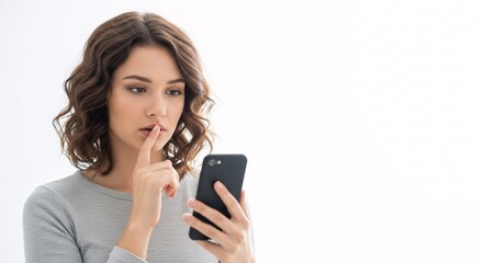 Fototapeta premium Girl using smart phone searching for great offers deals and discounts in online internet store making hush shush silence gesture while keeping secrets with cellular device