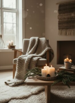 Minimalist cozy winter interior with candles and blanket