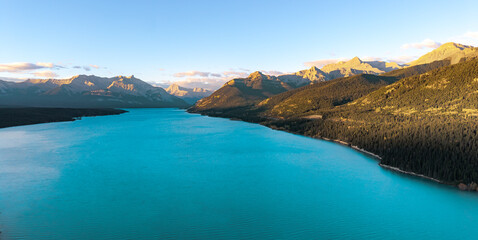 Panoramic drone view of Abraham Lake at sunrise near Banff and Jasper
