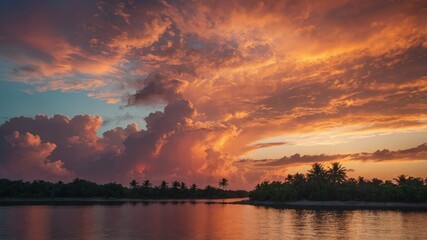 Naklejka premium Dramatic tropical sunset over silhouetted palm trees and calm water with colorful clouds and vibrant sky reflections