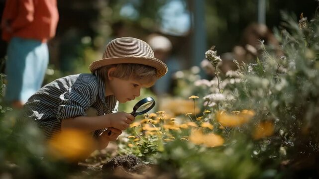 A little child using a magnifying lens to study bees in a bright backyard