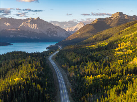 Aerial view of Abraham Lake and Icefields Parkway near Banff and Jasper