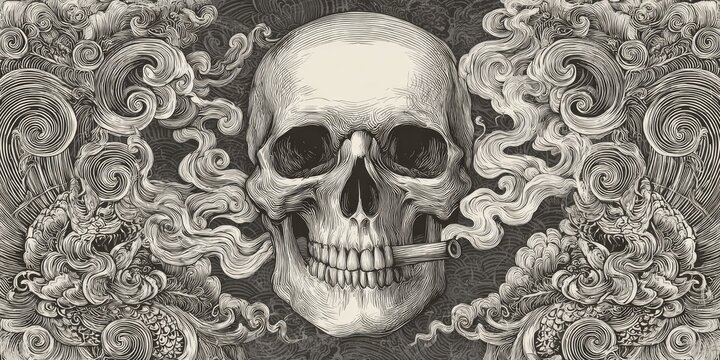 Detailed skull with intricate smoke and mythical creatures, monochrome engraving.
