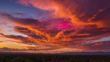 Obraz premium Vivid orange and purple sunset sky over mountains and forest horizon with dramatic cloudscape and vibrant evening colors