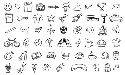 Set of black and white graffiti in a simple and cheerful hand-drawn style. Collection of graffiti and sketch symbols such as hearts, stars, and crowns for sticker packs, isolated on a white background