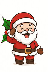 A cute cartoon Santa Claus character smiling happily and holding a sprig of festive holly with green leaves and red berries.