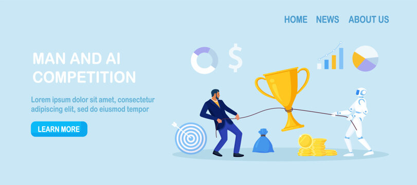 Business leader and humanoid robot pull a rope with golden cup. AI partnership and competitive drive that leads to higher revenue, award winning. Chatbot and man fight for trophy. Business competition