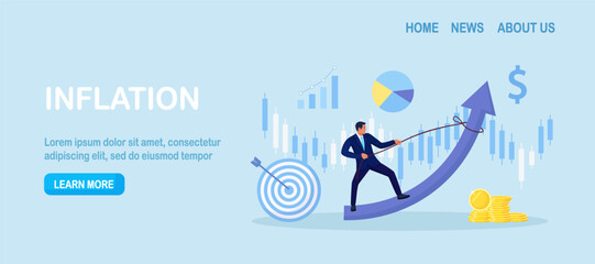 Manager pulls arrow upward above financial charts. Profit growth and revenue drive and KPI focus. Hitting targets and building wealth. Financial achievement