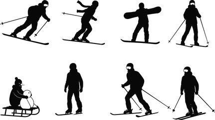 Obraz premium Winter sports silhouette, skiing and snowboarding, sledding and snowman, outdoor activity, cold weather recreation, black and white vector illustration