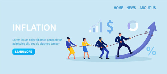 Team pulls an upward arrow to raise results. Growth drive and shared effort, goal focus in sales and finance. Teamwork, collaboration colleagues. Changing business direction, corporate strategy