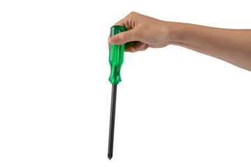 Green screwdriver in hand on transparent background
