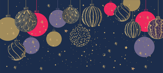 Merry Christmas and New Year set on blue background. Hand drawn illustration.	
