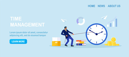 Businessman pulls a rope tied to a giant clock to push back an approaching deadline. Urgency, procrastination and workload pressure. Time management, business planning for efficiency