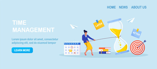 Business woman pulls a rope tied to a giant hourglass as sand runs out. Deadline pressure, urgency and race against time. Time management, business planning for efficiency