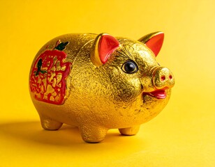 Gleaming golden pig sculpture, red highlights, yellow background