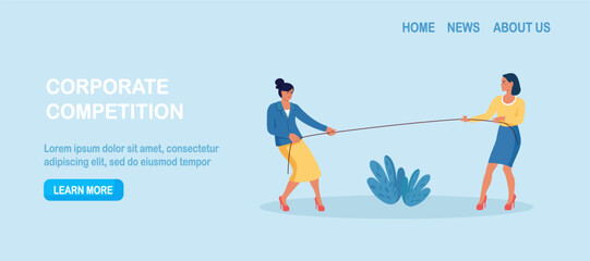 Two professionals pull a rope from opposite sides as tension builds. Rivalry, negotiation and power balance in business. Conflict management. Characters fighting for leadership, arguing, wrestling