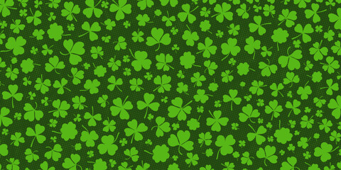Shamrock or green clover leaves pattern background flat design vector illustration. St Patrick Day shamrock symbols decorative elements horizontal pattern texture.