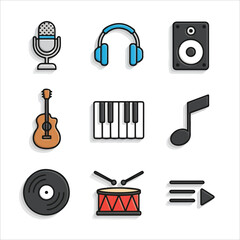 Flat lay of various music icons including a microphone, headphones, speaker, guitar, piano, music note, vinyl record, drum, and play button on a white background with a graphic design style.