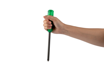 Green screwdriver in hand on transparent background