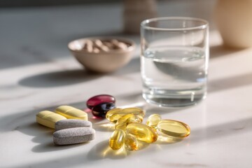 Assorted dietary supplements including capsules, tablets, and soft gels are arranged on a marble surface next to a glass of water, promoting health and wellness lifestyle choices