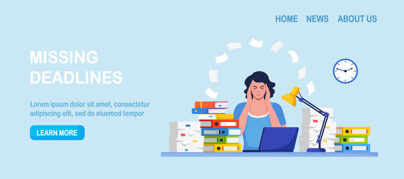 Paperwork piles and ticking clock push employee to the limit. Woman holds her head as files surround the desk. Burnout, overload and stress and urgent deadline in office work