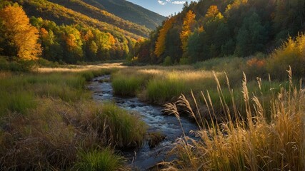 Autumn mountain landscape with flowing stream, colorful forest trees, grassy meadow, and sunlight in scenic nature valley