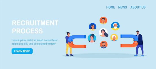 Businessmen using giant magnets pull customers. Clients retention strategy. Human resource recruiting candidates or talents. Marketing and advertising to target audience