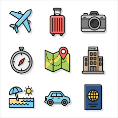 Collection of travel-related icons including airplane, luggage, camera, compass, map, hotel, umbrella, car, and passport on a white background.