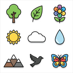 A colorful flat lay illustration of nature icons including a tree, leaf, flower, sun, cloud, raindrop, mountains, bird, and butterfly against a clean white background with a vibrant and