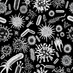Seamless viruses, bacteria, and microbes microorganisms of different type illustration silhouette black and white tone diversity.