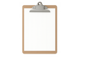 Clipboard with blank paper sheet, a template for text or layout, isolated on transparent background