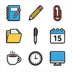 Flat lay of office supplies and stationery icons including a notebook, pencil, paperclip, folder, pen, calendar, coffee cup, clock, and computer on a white background with a graphic design