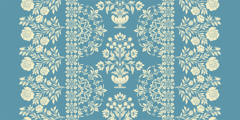 floral pattern vintage ethnic modern embroidery texture boho design vector illustration hand drawn pink flower motif branches leaves wallpaper seamless background border.	