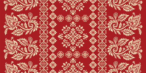 floral pattern vintage ethnic modern embroidery texture boho design vector illustration hand drawn pink flower motif branches leaves wallpaper seamless background border.	