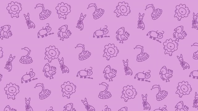 A whimsical seamless floral pattern animal illustration with cute hand-drawn creatures on a pastel purple background