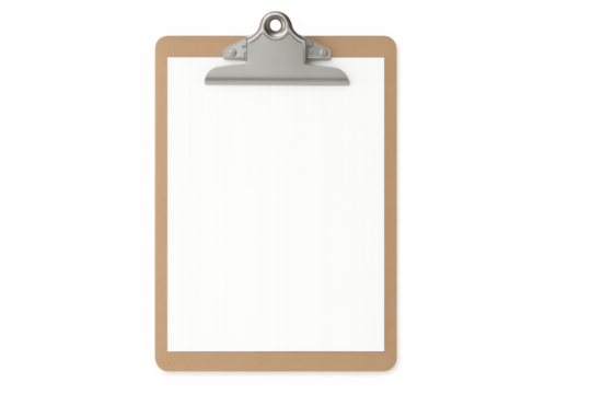 Clipboard with blank paper sheet, a template for text or layout, isolated on transparent background