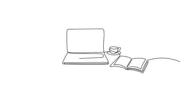 Animated continuous single line drawing of a laptop and book with cup  in this captivating animation. One line art animation