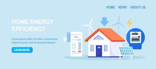 Residential house with rooftop solar panels, representing eco-friendly modern home architecture. Characters using energy efficient devices, paying less and saving money. Green environment. Power save