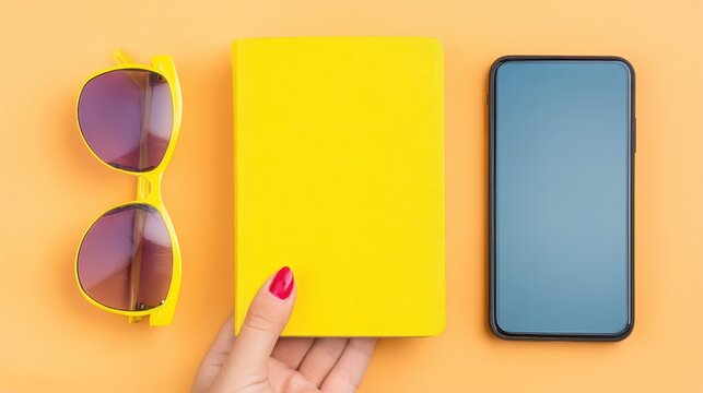 Creative workspace essentials yellow notebook smartphone and sunglasses on orange background