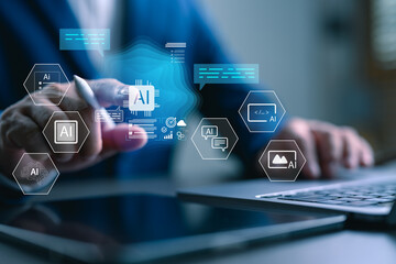 Businessman using artificial intelligence technology on digital devices. AI concept for innovation, automation, data analysis, and machine learning in modern business and digital transformation.