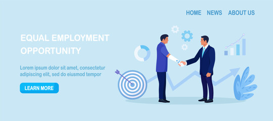 Disabled man with prosthesis shaking hands with colleague. Businessman handshake with employee with disability. Employment contract agreement. Business collaboration, partnership