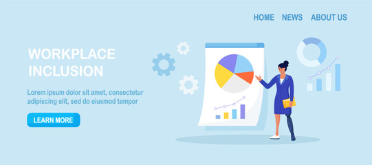 Woman with leg prosthesis giving presentation and analysis data. Social adaptation of people with disabilities. Inclusive workplace. Disabled person showing with pointer to diagram
