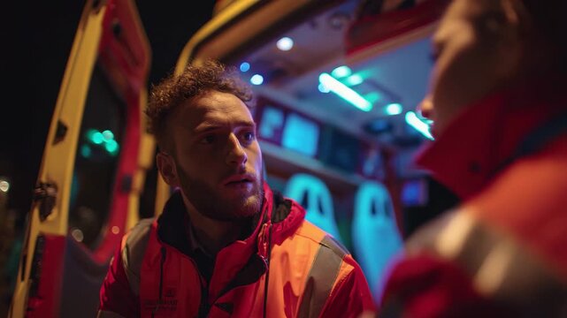 Paramedics in Uniform Discussing Emergency Situation at Night by Ambulance